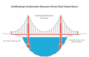 Infographic showcasing Sindhudurg’s Underwater Museum, scuba diving zones, artificial coral reefs, and projected real estate growth near Sawantwadi with Nine Divine villa plots