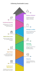 Infographic showing Nine Divine Group’s sustainable luxury in Maha-Goa with clean air stats, eco-villa energy savings, solar benefits, ROI, and connectivity highlights.