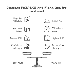 Why Post-Diwali Is the Best Time to Invest in Maha Goa Plots 2 Infographic showing why you should invest in Maha Goa plots after Diwali, comparing Delhi’s polluted air with Maha Goa’s clean environment, property prices, and ROI growth.