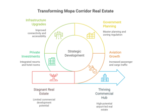 MOPA Corridor Commercial Real Estate 2025: How Airports & North Goa’s Smart Towns Are Driving Growth 2 Infographic showing the growth of mopa corridor commercial real estate driven by MOPA Airport passenger surge, aerocity zoning, infrastructure connectivity, tourism investments, and Maha-Goa spillover into Sindhudurg.