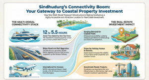Infographic showing Mumbai to Sindhudurg ferry route, travel time reduction, multi-modal connectivity (sea, road, air, rail), and real estate opportunities in Sindhudurg, Maha Goa, and Vengurla.