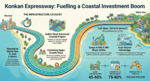 Konkan Expressway Real Estate Impact: How Mumbai to Maha-Goa in 6 Hours Is Changing Luxury Villa Investment Math (2025–2030) 2 Infographic showing the Konkan Expressway real estate impact with travel-time reduction, growth corridors like Sindhudurg and Maha-Goa, dual airports, expressway map, and projected appreciation trends.