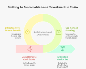 Timeline infographic showing the evolution of Indian real estate from apartment-led growth to sustainable land investment in India 2026, highlighting climate resilience, infrastructure expansion, and long-term wealth creation.