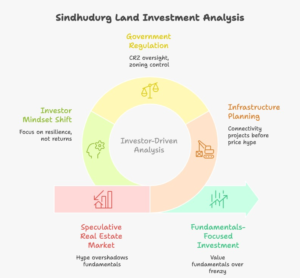 Why Coastal Land Markets Operate on a Different Economic Clock 2 Infographic explaining why Sindhudurg land investment 2025 is being studied by long-term investors, highlighting infrastructure planning, regulatory controls, low speculation, and sustainable land development signals.
