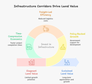 Infographic explaining land investment India 2026, showing how government-backed infrastructure corridors like PM Gati Shakti, Bharatmala, Dedicated Freight Corridors, industrial corridors, and port-led development drive long-term land value through connectivity, logistics efficiency, employment creation, and sustained demand.