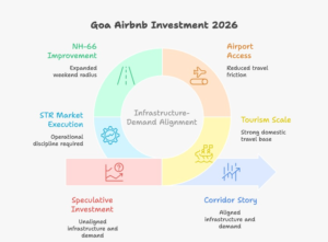 Infographic explaining Goa Airbnb investment 2026 showing 1.08 crore tourist arrivals, Mopa Airport passenger growth, NH-66 highway improvements, and Goa short-term rental occupancy benchmarks around 47 percent with 170 plus booked nights annually.