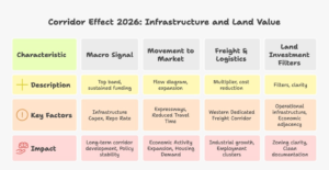 Infographic explaining the best place to invest in land in India 2026, highlighting ₹12.2 lakh crore infrastructure capex in Budget 2026, RBI repo rate stability at 5.25%, freight corridor commissioning progress, and how infrastructure corridors translate into land value through movement, economic expansion, and liquidity growth.