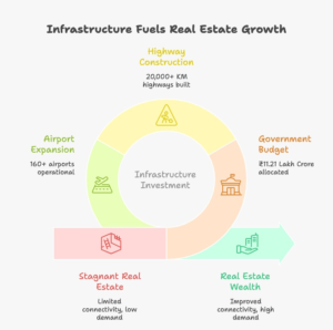 India’s Infrastructure Boom: Why Smart Investors Are Turning to Investment in Maha Goa for the Next Big Real Estate Opportunity 2 India infrastructure growth impact on real estate showing highways airports tourism and land appreciation cycle with investment in maha goa opportunity