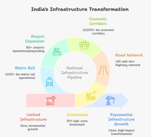 Infrastructure growth in India infographic showing ₹111 lakh crore investment, national highway expansion, airport growth, metro network expansion, and Bharatmala corridor development