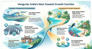 Infographic showcasing why Vengurla is emerging as India’s next coastal growth corridor, highlighting MOPA Airport connectivity, Konkan infrastructure development, tourism growth, eco-luxury living, marine tourism, white sand beaches, second-home investment opportunities, and long-term coastal appreciation potential in the Sindhudurg region.