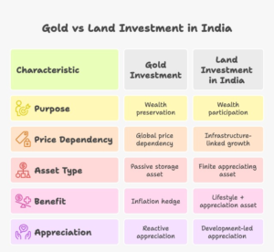 Premium infographic comparing gold investment and land investment in India, highlighting infrastructure growth, second-home demand, tourism expansion, and the shift toward finite appreciating land assets in 2026
