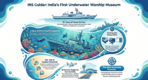 Infographic showcasing INS Guldar's transformation from a retired Indian Navy warship into India's first underwater warship museum and artificial reef in Sindhudurg. The graphic highlights the vessel's 39-year naval service, marine biodiversity benefits, scuba diving tourism potential, Sindhudurg's 120+ km coastline, improved connectivity through Chipi Airport, and global examples of successful underwater ship museums in the USA, Australia, and Malta.