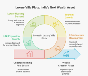 Infographic highlighting why Luxury Villa Plots Investment India is emerging as a preferred long-term wealth creation strategy, featuring key statistics on India's infrastructure investment, tourism economy, luxury housing demand, growing HNI population, and the benefits of premium villa plot investments.